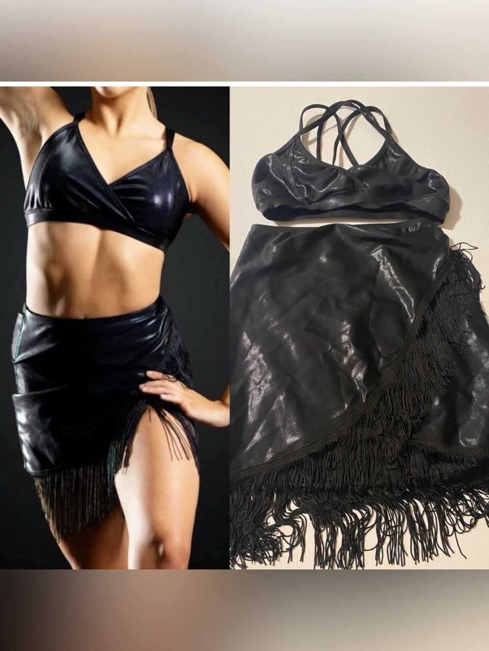 LA dance solo costume black metallic 2 piece fringe SAMBA SKIRT SA-Small adult